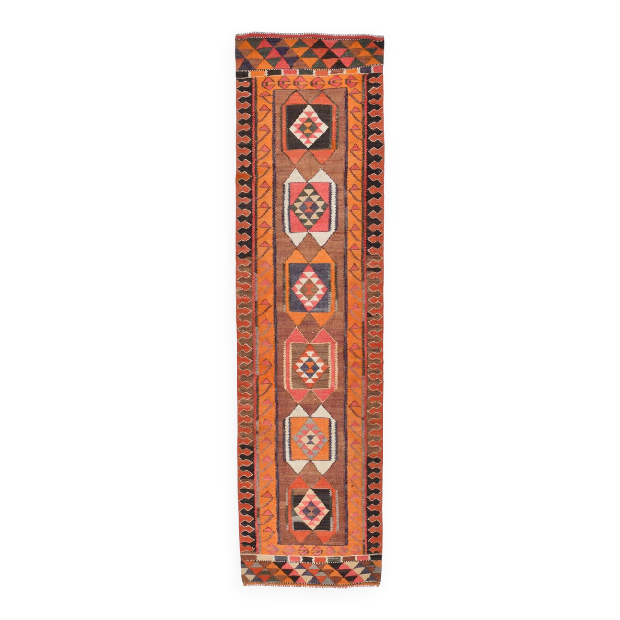 3x11 Orange & Brown Kilim Runner Rug, 88x330Cm