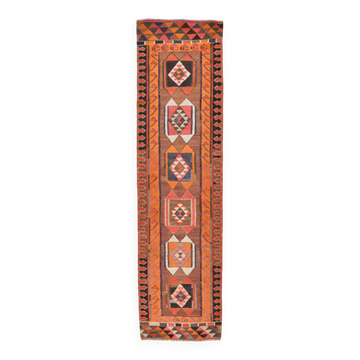 3x11 Orange & Brown Kilim Runner Rug, 88x330Cm