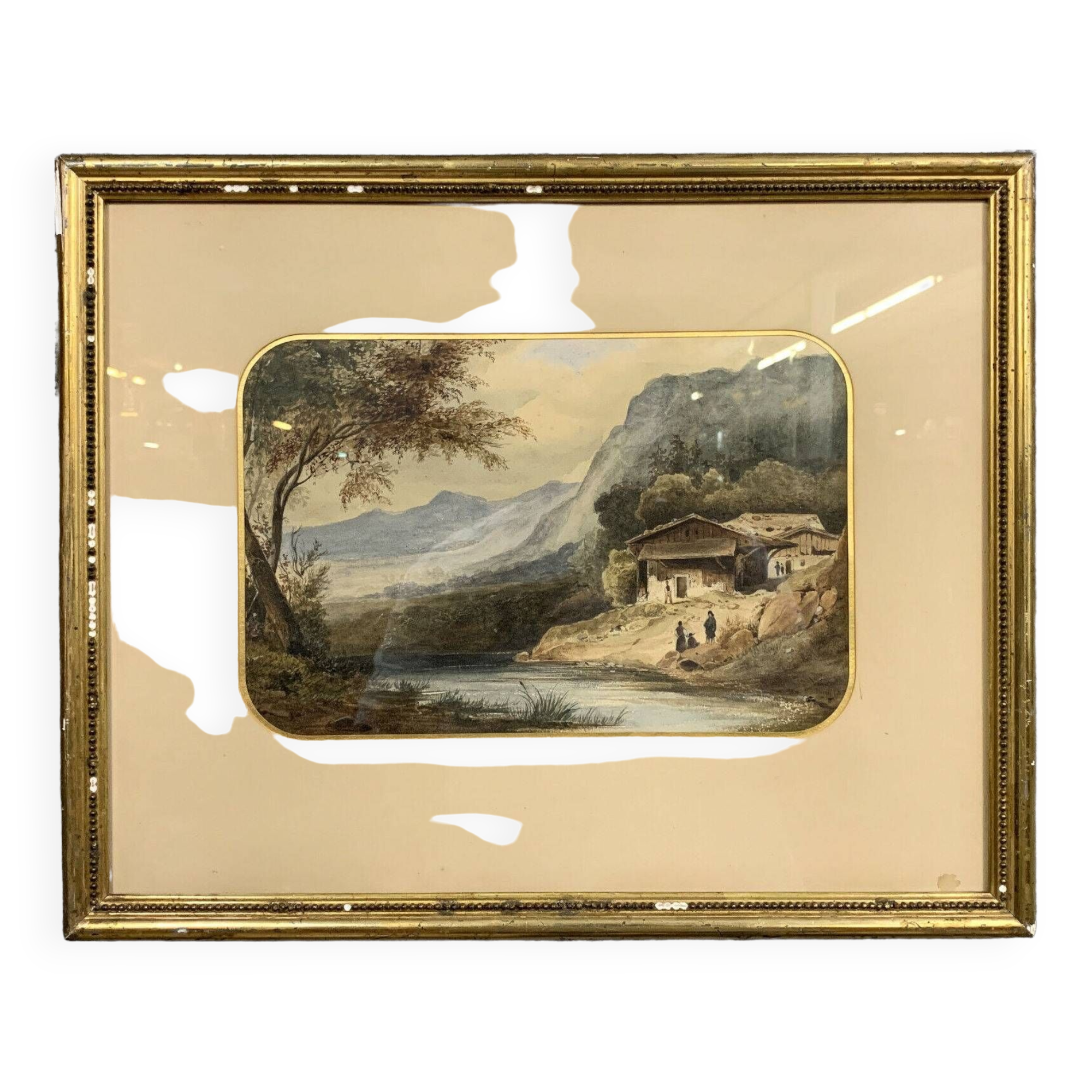 Swiss School from the beginning of the 20th century: watercolor depicting an animated landscape on the banks of a river