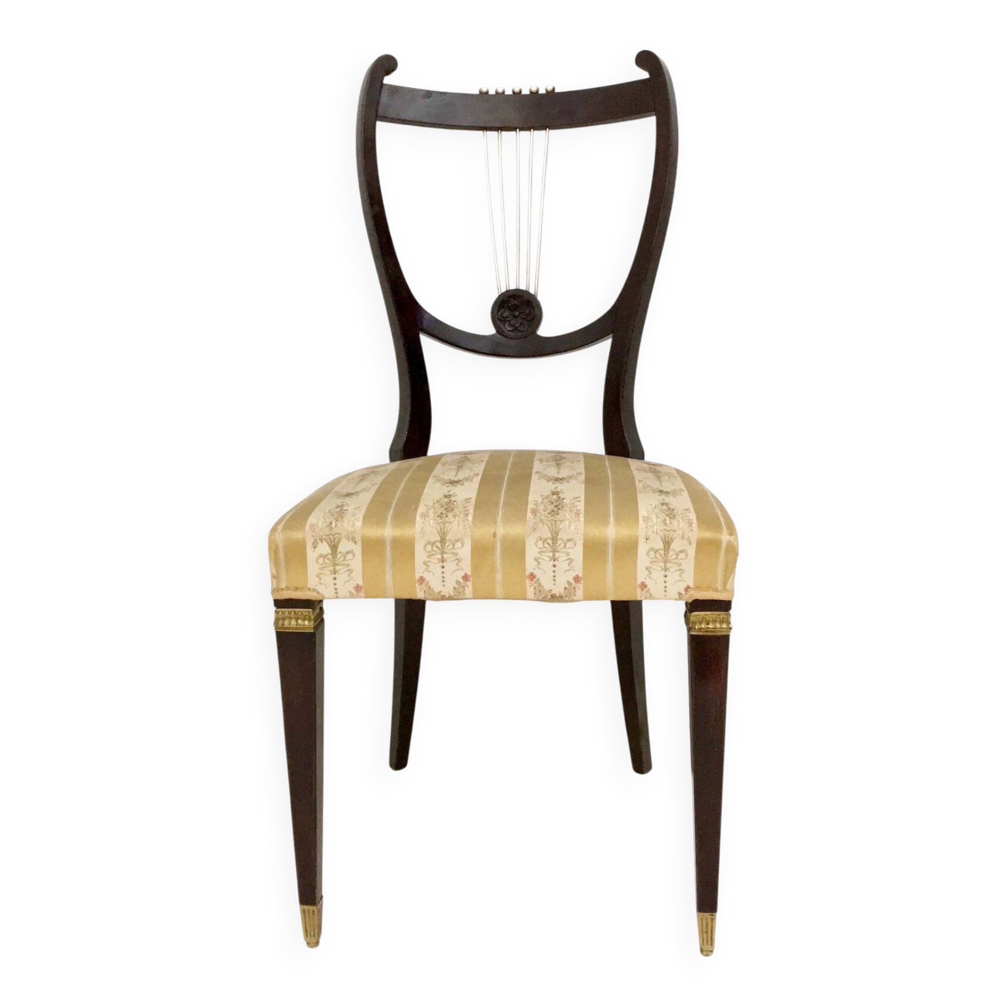 Set of Six Vintage Beech and Brass Dining Chairs with Goldenrod Fabric