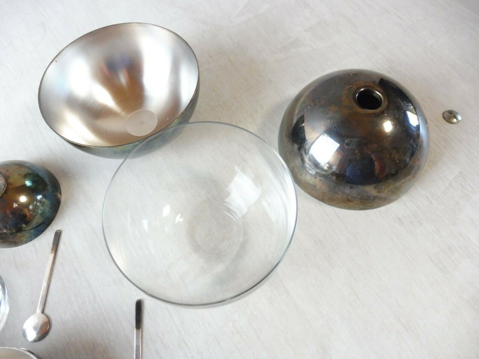 Old breakfast service, confectioner, sugar bowl, silver metal ball + glass