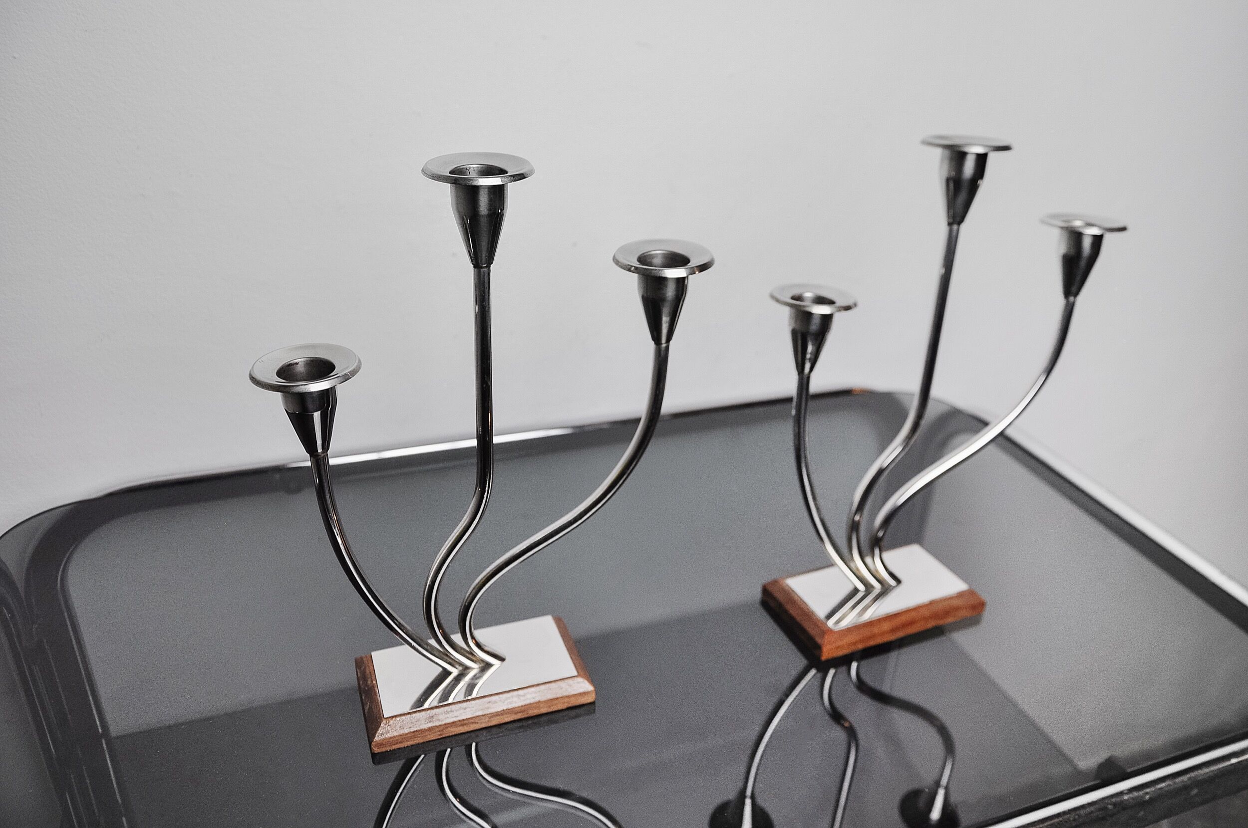 Pair of art deco candle holder in stainless steel 3 flames, Spain, 1970