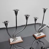 Pair of art deco candle holder in stainless steel 3 flames, Spain, 1970