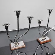 Pair of art deco candle holder in stainless steel 3 flames, Spain, 1970