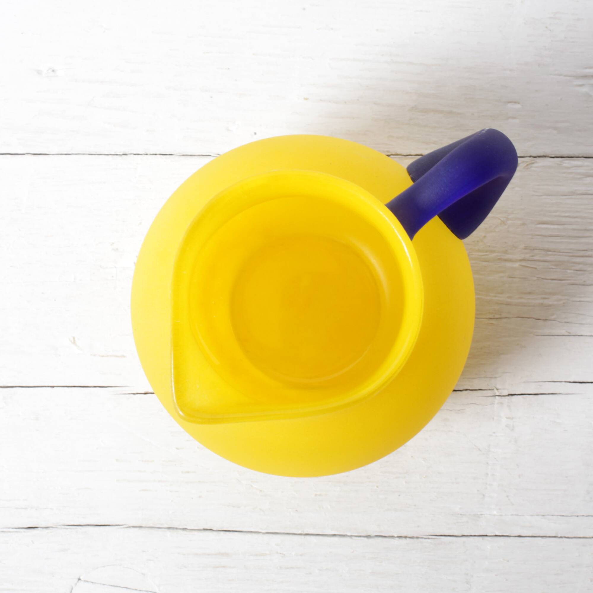 Small Vintage Frosted Glass Yellow and Blue Pitcher / Kosta Boda / Sweden /
