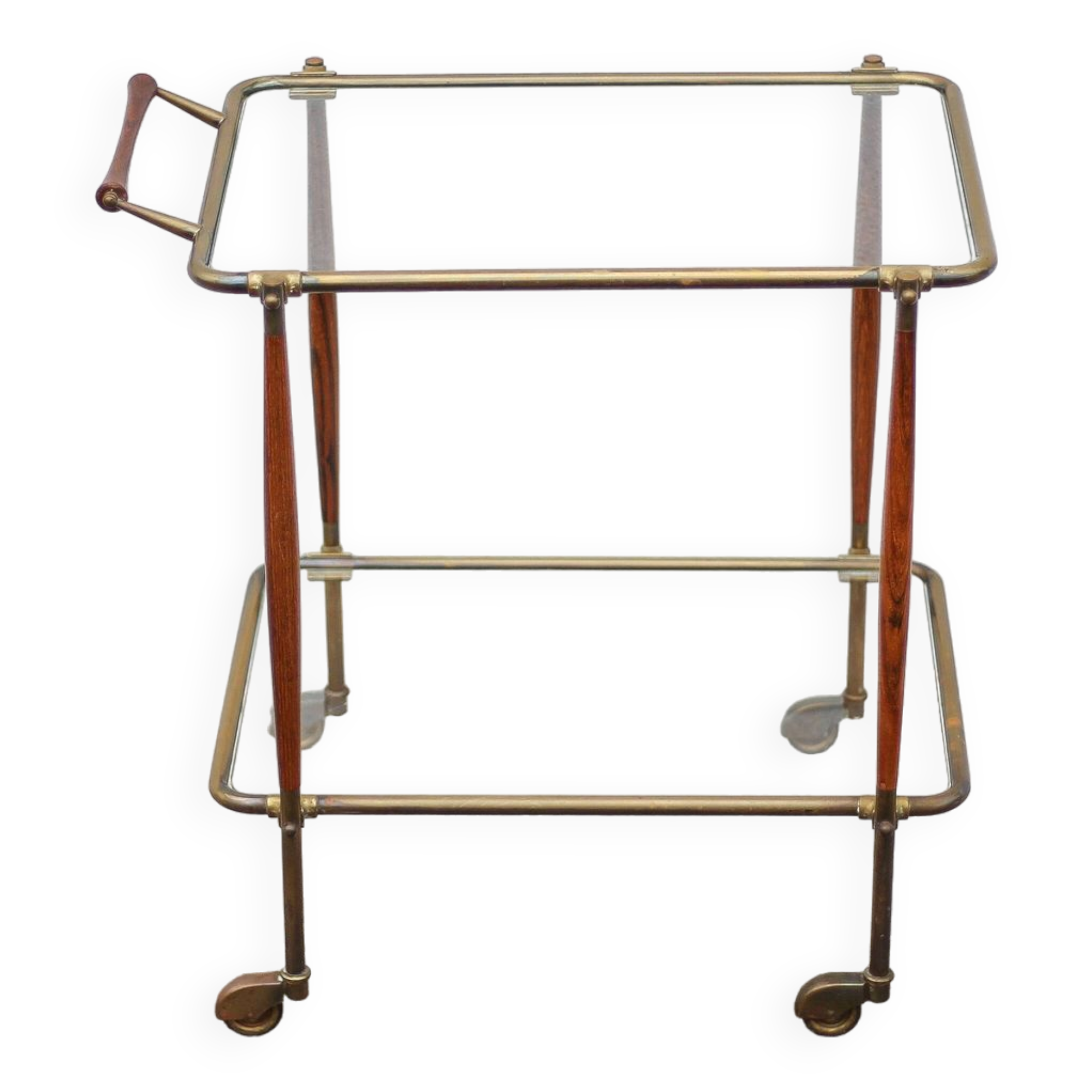 Wood and brass rolling dessert trolley, bar cart, server, trolley, 1950 Cesare Lacca for Arredoluce.