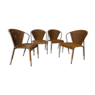 Lot de 4 chaises en fer forger et osier vintage 1950s