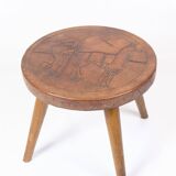 Antique Stool With Carvings Of A Farmer With A Alpaca From 1940s