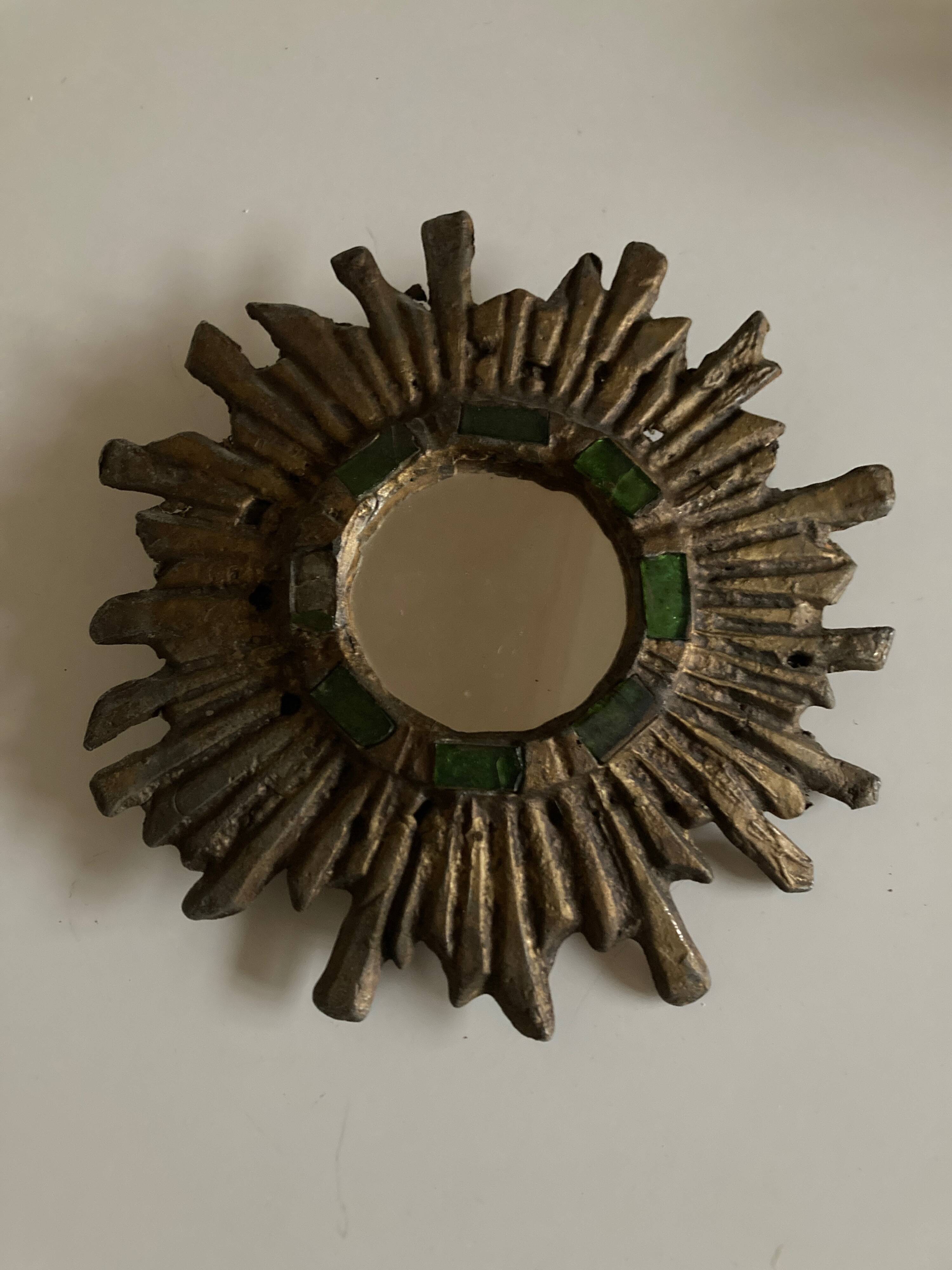 Sun mirror by Irena Jaworska in gilded lead and green glass 1960
