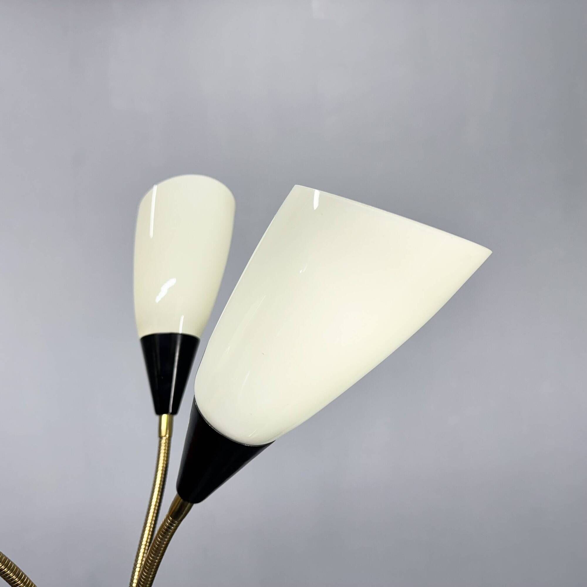 1950s Brass & Glass Adjustable Floor Lamp with Wooden Detail