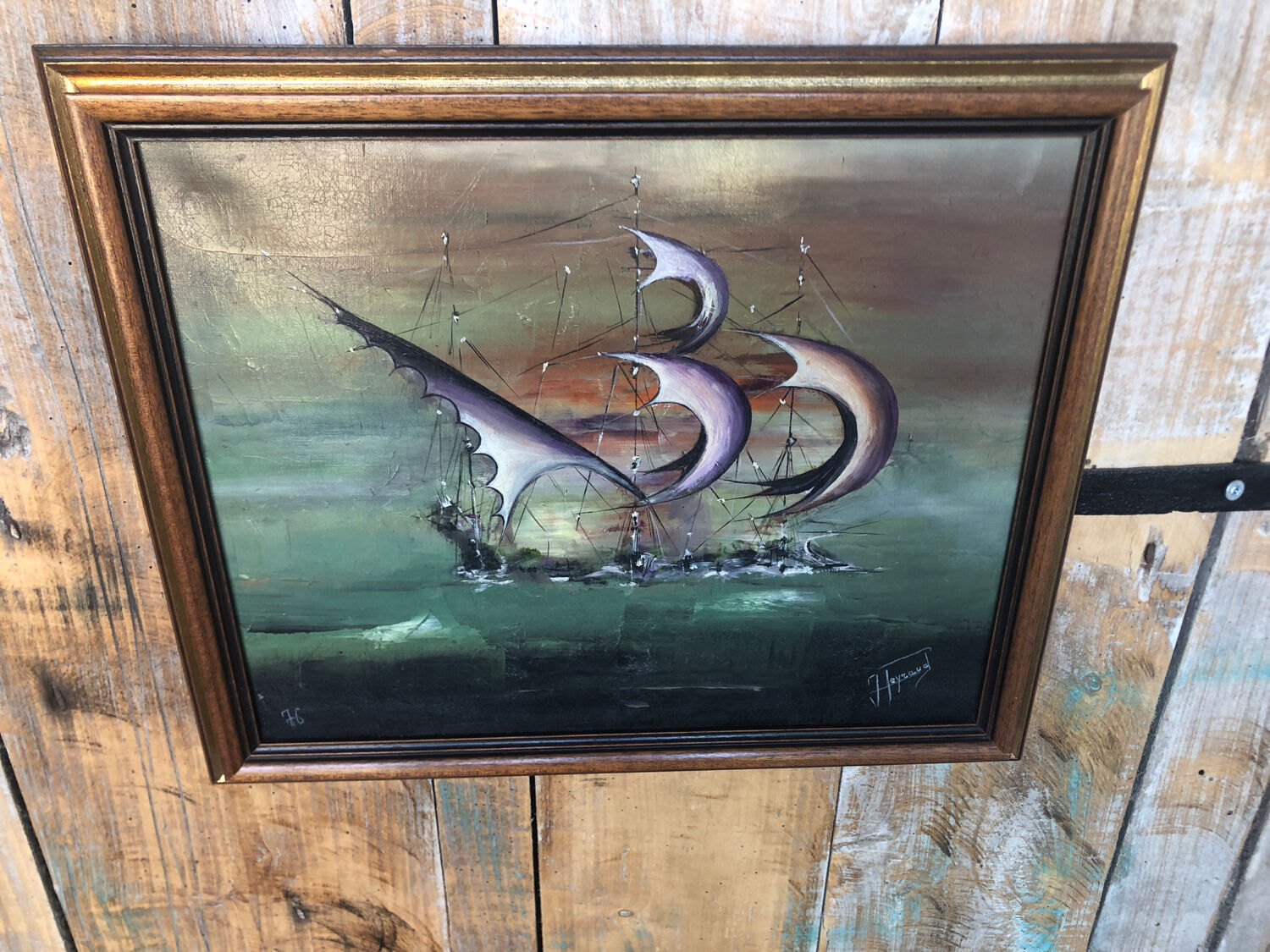 Oil painting on canvas j. peyraud view boats + wood frame #a219
