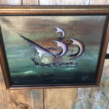 Tableau huile sur toile j. peyraud vue bateaux + cadre bois #a219