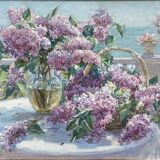 Framed signed painting Oil on canvas “The lilacs” dimension: height -55cm- width -70cm-