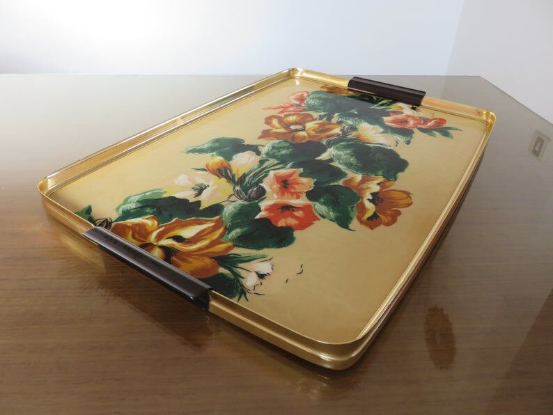 Floral formica and gold metal tray 50 60s