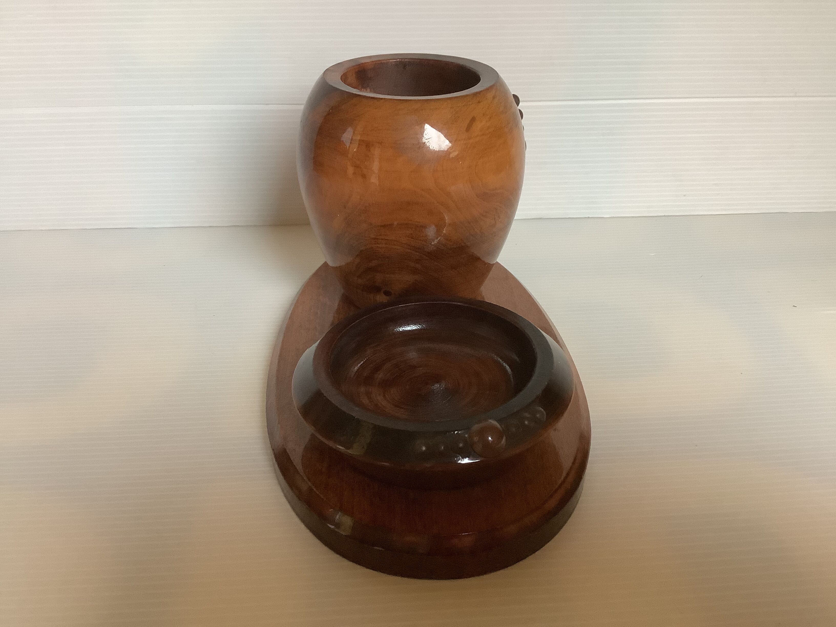 Old brutalist varnished wooden pencil pot