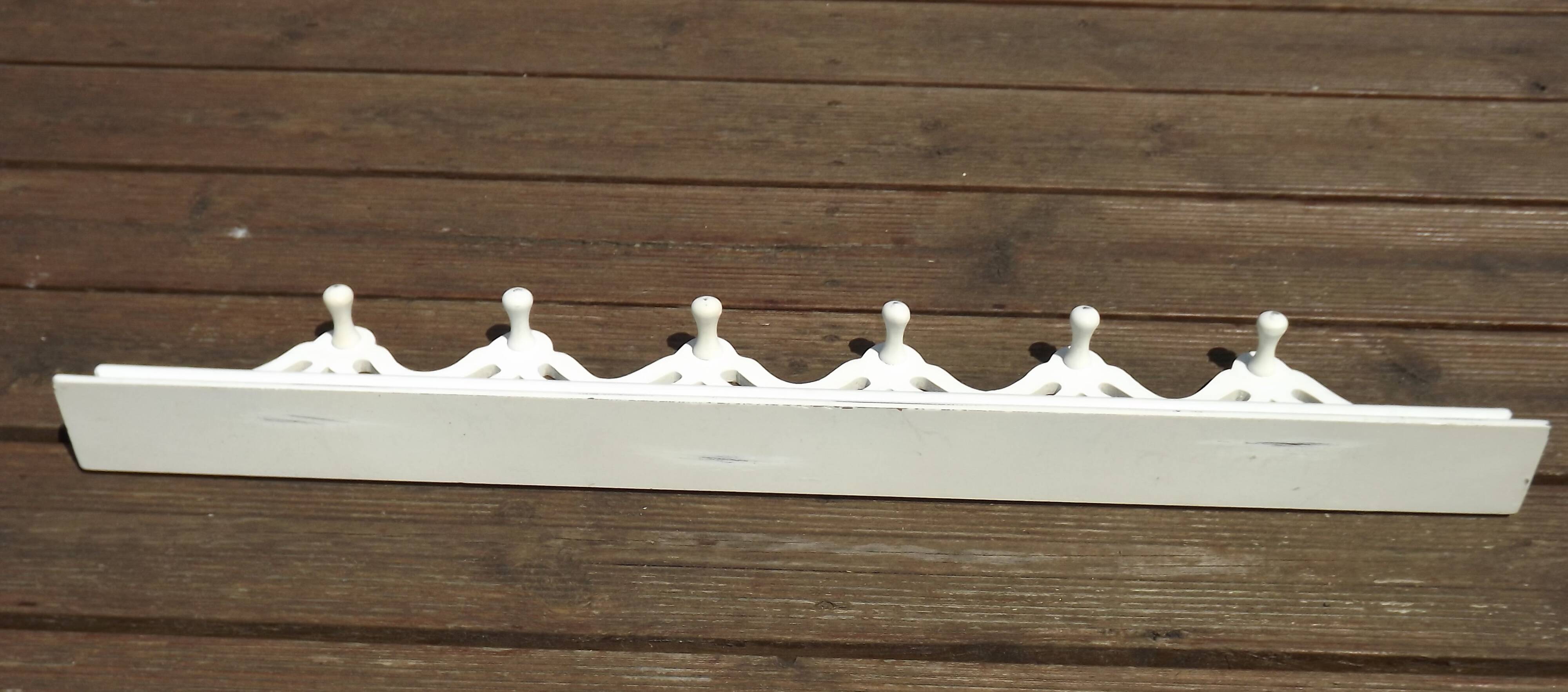 Vintage French White Shabby Chic 6 Peg Coat Rack with Shelf Cut-Out Detail