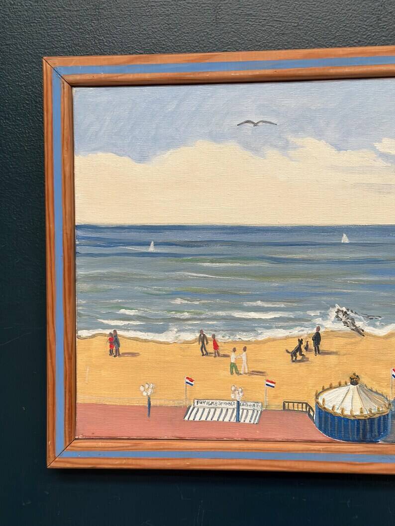 Original Swedish Oil on Canvas – "Day at the Beach" by Mona Starfelt – Signed – Dated 1989 – Framed