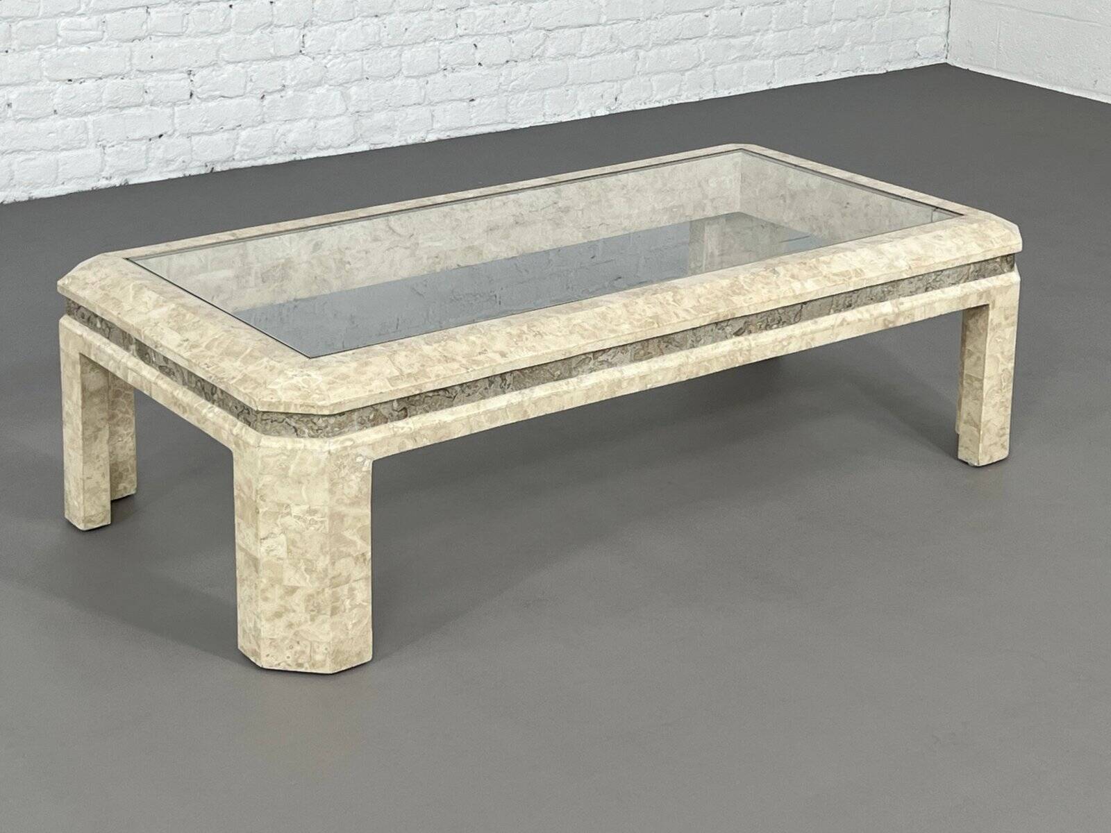 1980s coffee table in stone and glass marquetry