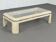 Table basse des années 80 en marqueterie de pierre et verre