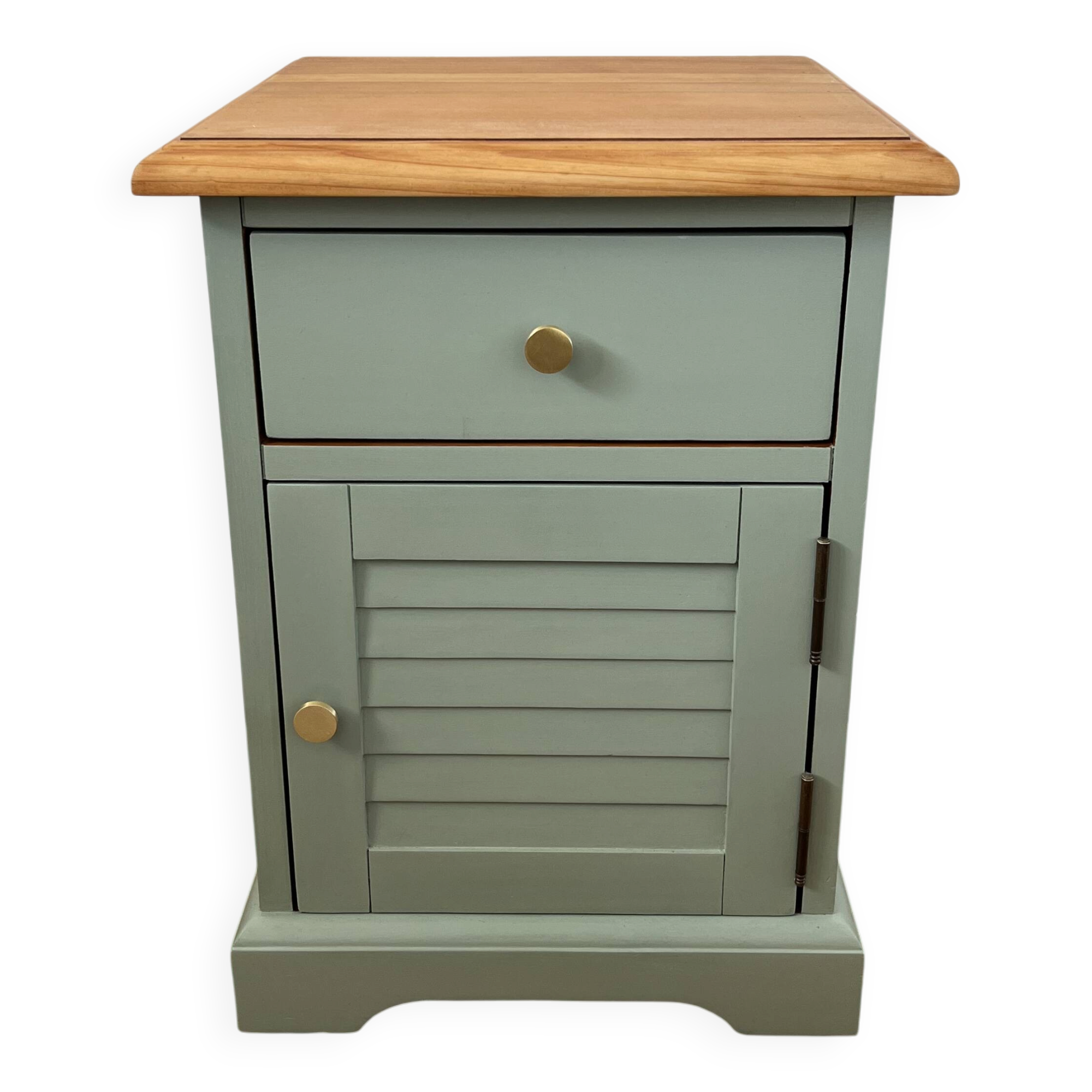 Bedside table, sage green – natural wood top