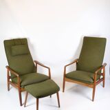 Set Of 2 Armchairs With Stool Made In Green Fabric & Teak By Alf Svensson For Fritz Hansen From 1960