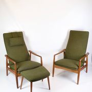 Set Of 2 Armchairs With Stool Made In Green Fabric & Teak By Alf Svensson For Fritz Hansen From 1960