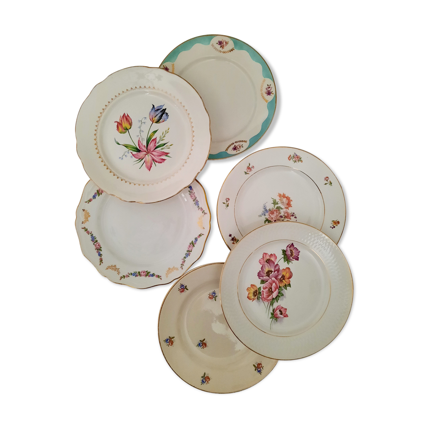 6 old flat plates mismatched