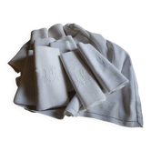 12 serviettes de table anciennes - damassé de lin & soie a decor floral - monogrammes jc
