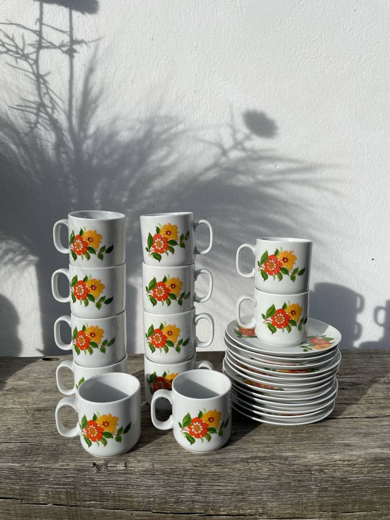 12 porcelain coffee cups with flowers, 1960s-1970s
