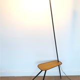 Mid-century tripod floor lamp with perforated metal shelf