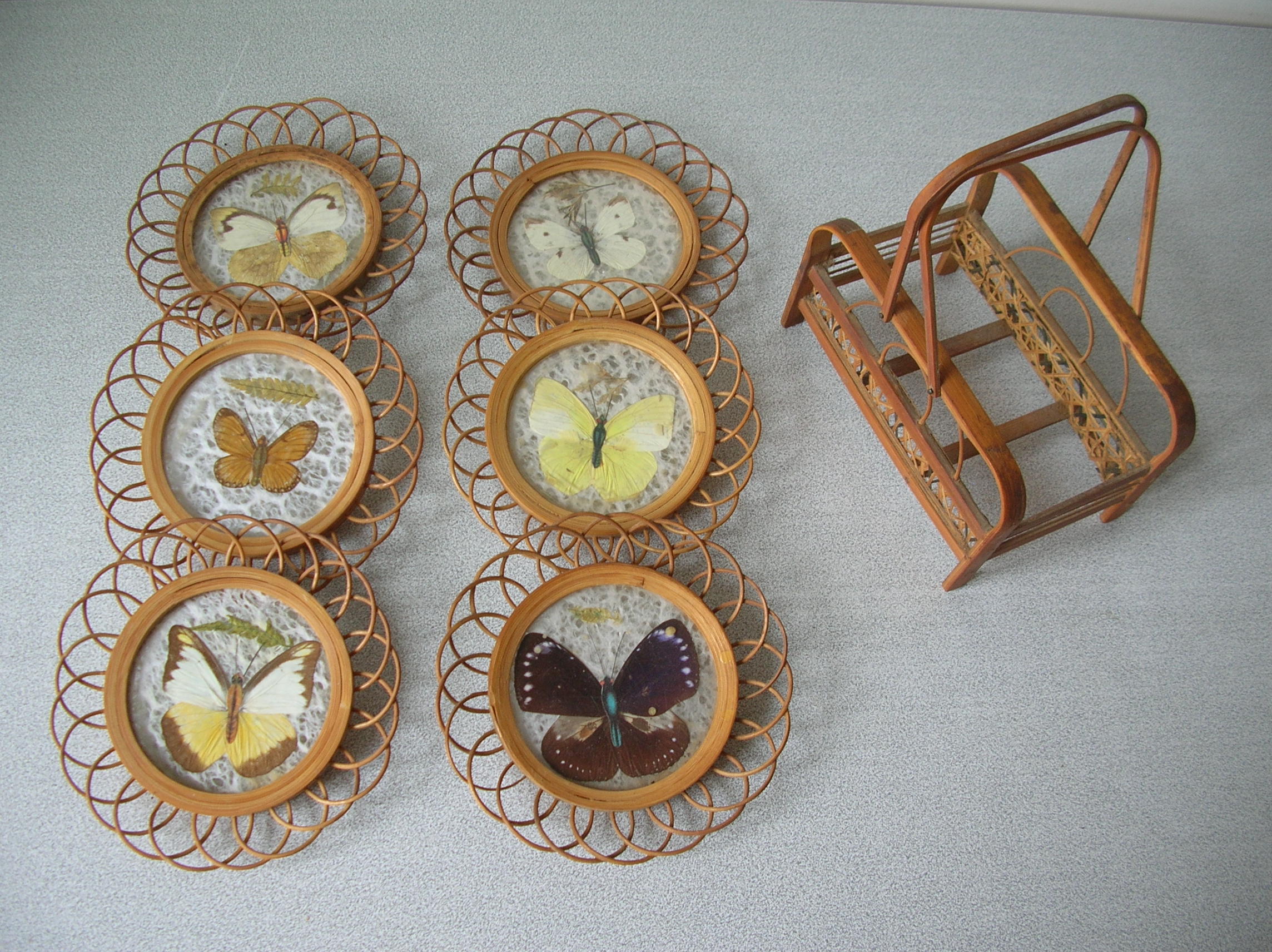 Ancien service de 6 dessous de verre papillon naturel serviteur en rotin bois années 1950/60