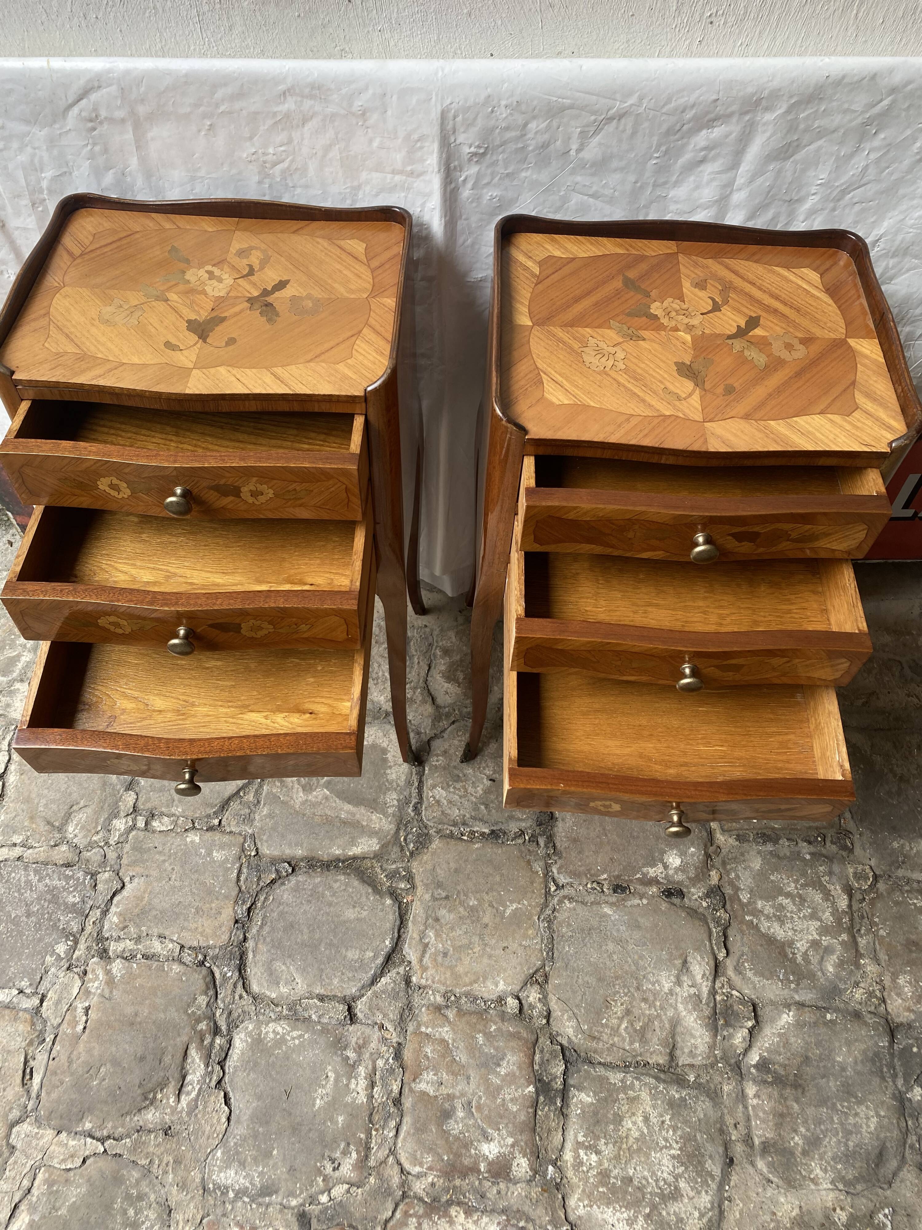 Pair of bedside tables/side tables in Louis XV style marquetry.