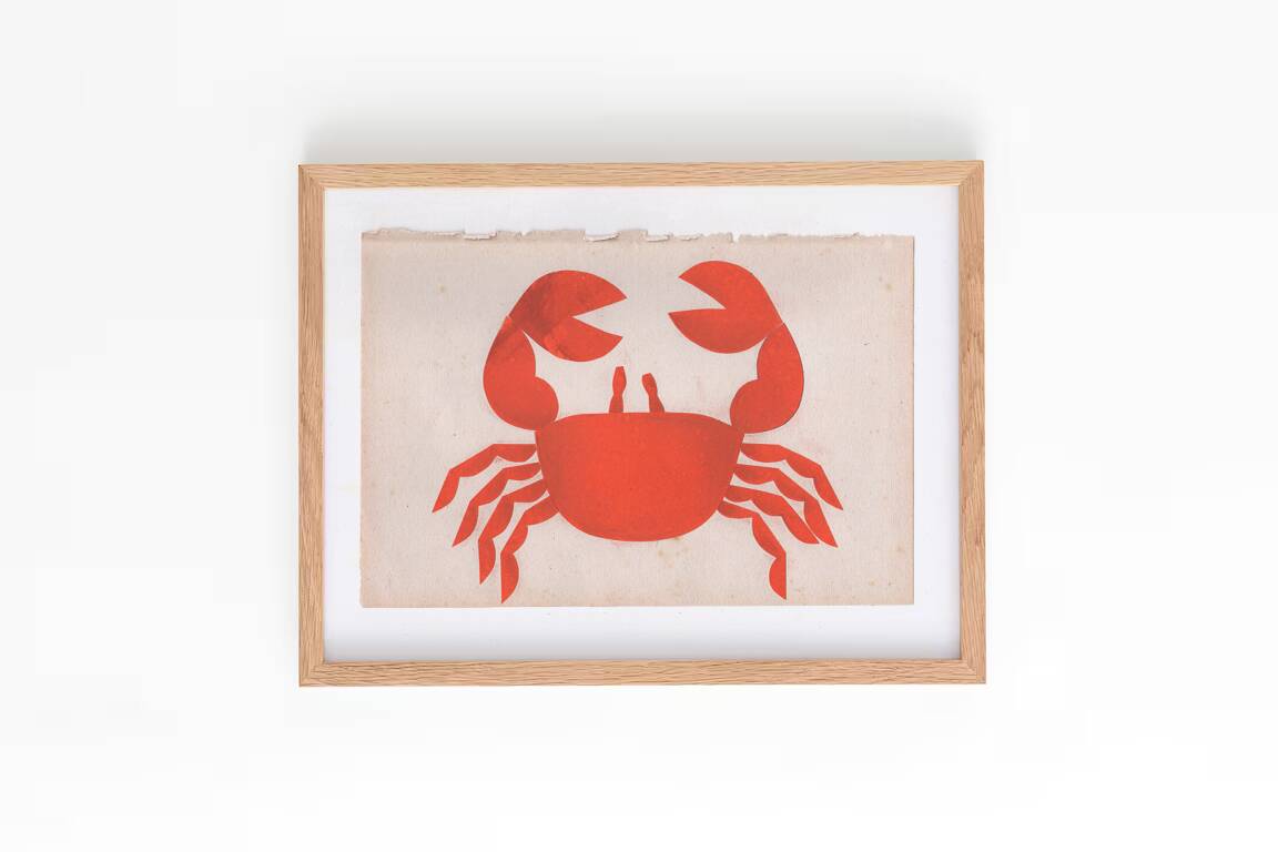 Collage on old paper, illustration of a red crab signed Eawy