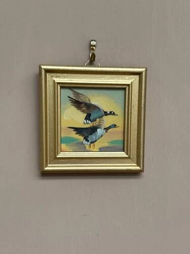 Mid-Century Oil on Panel – “Birds” by Unknown, Vintage & Framed 11 × 11 cm