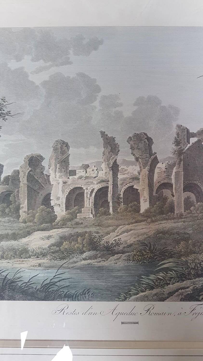 Old Color Lithograph “Roman Aqueduct Fréjus” + Black Wood Frame #A686