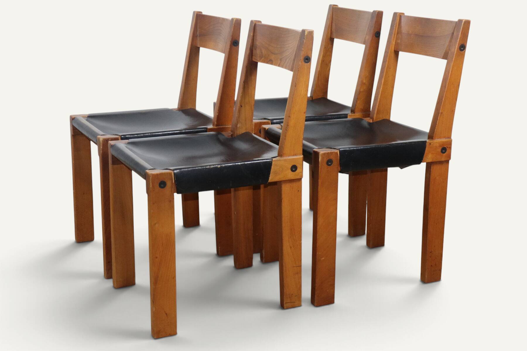 Set of 4 S24 chairs by Pierre Chapo – Solid elm and black leather – 1970