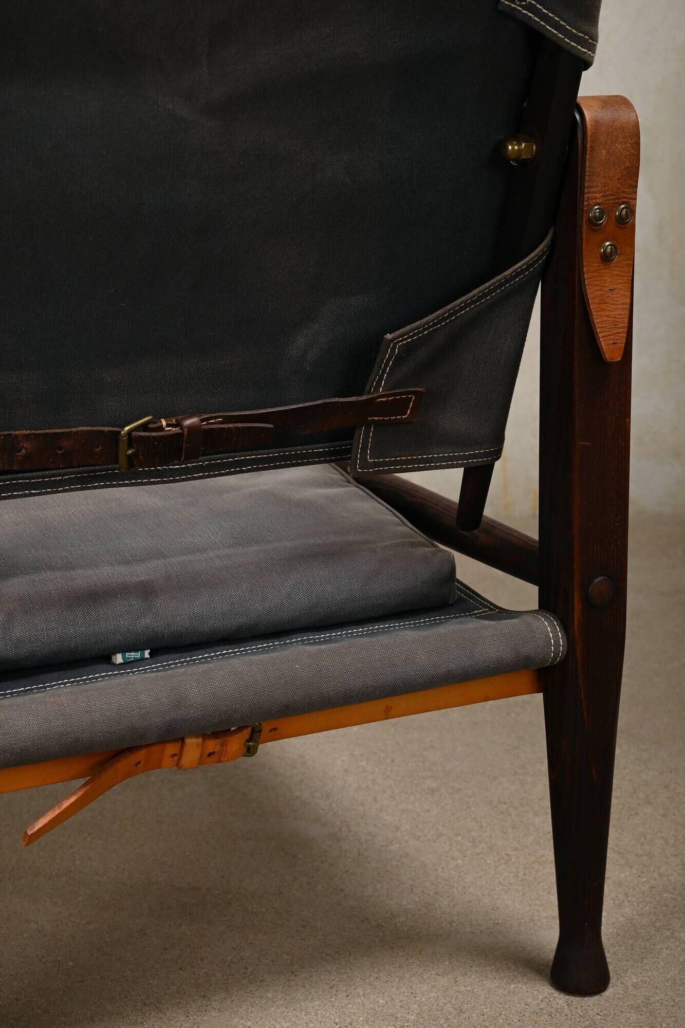 Kaare Klint Safari Chair in Grey Canvas and Dark Stained Ash for Rud Rasmussen