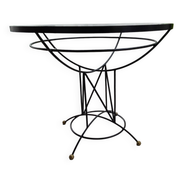 Table de repas ronde "Atomic Age" en fer forgé et verre – Années 50/60