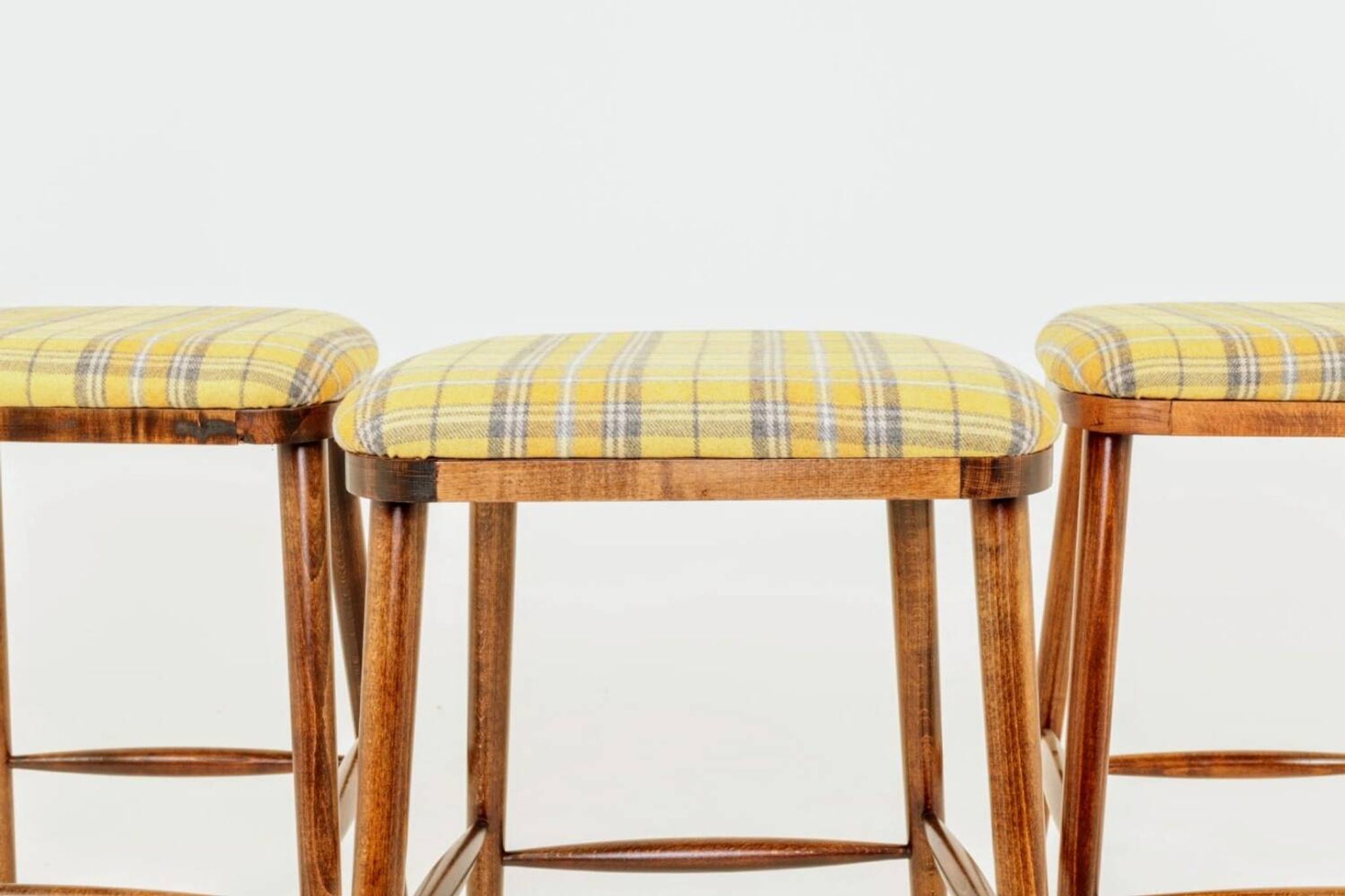 Set of three bar stools in vintage style rustic wood wool upholstery