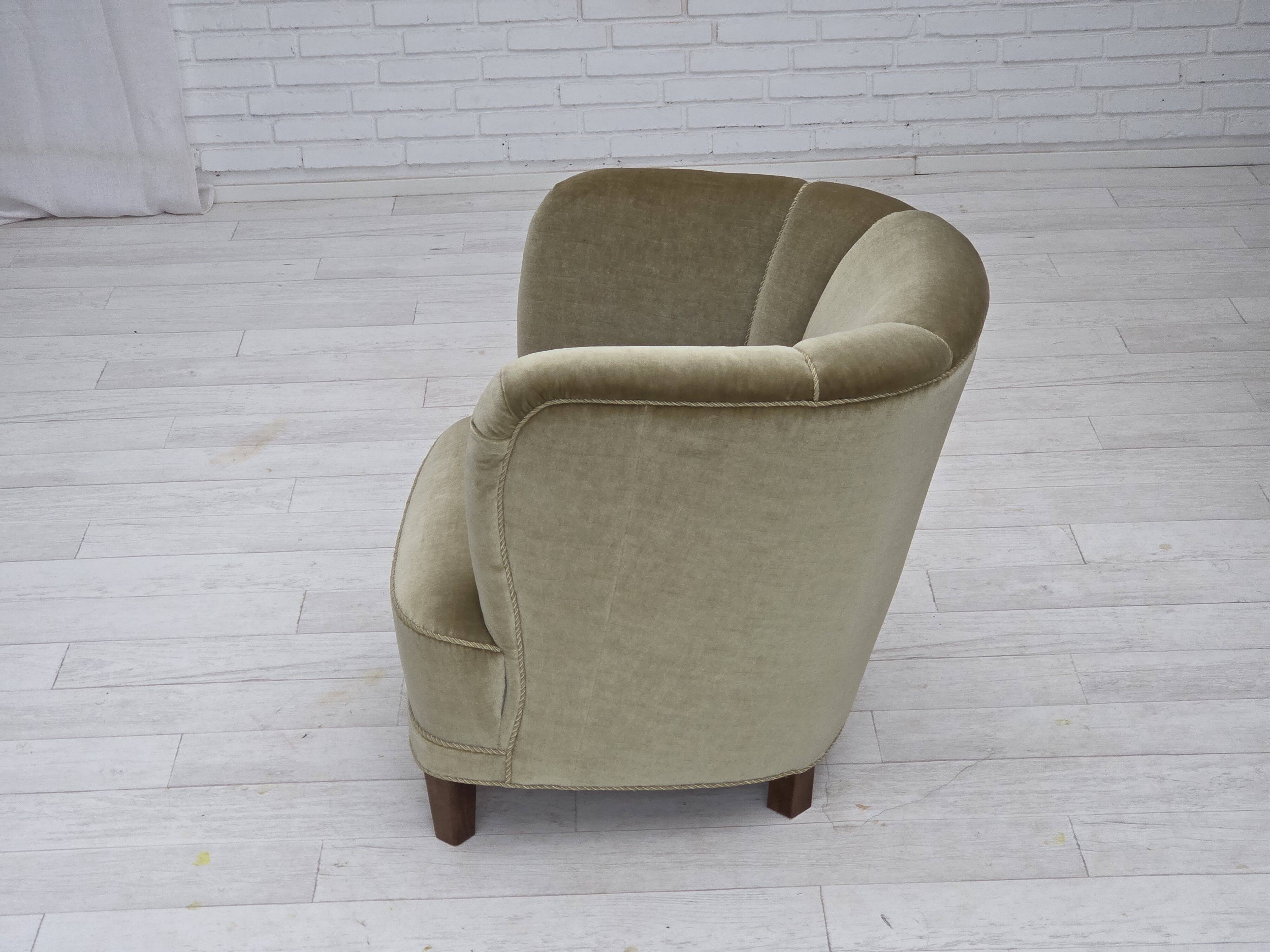 1970s, Danish armchair, original green furniture velour, oak wood.