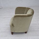 1970s, Danish armchair, original green furniture velour, oak wood.