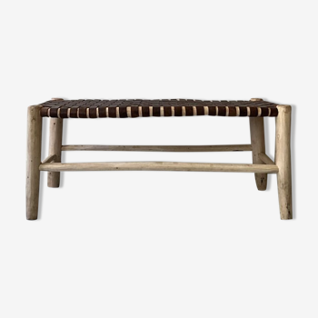 Banc brut en bois et cuir fauve