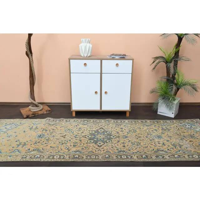 Vintage Turkish Oushak Handmade Wool Cotton Orange Runner Rug 104x310