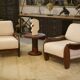 Brutalist pair of armchairs in mahogany and cream boucle 1970s.