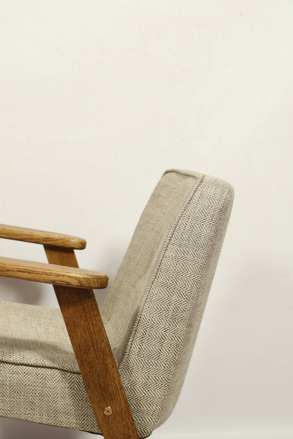 Vintage armchair in natural rustic oak wood herringbone fabric modern design by Chierovsky