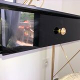 Coiffeuse laiton , verre et plastique noirs avec son tabouret moumoute