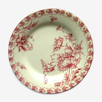 Art Nouveau flat plate in pink, porcelain, Prairial model from GIEN