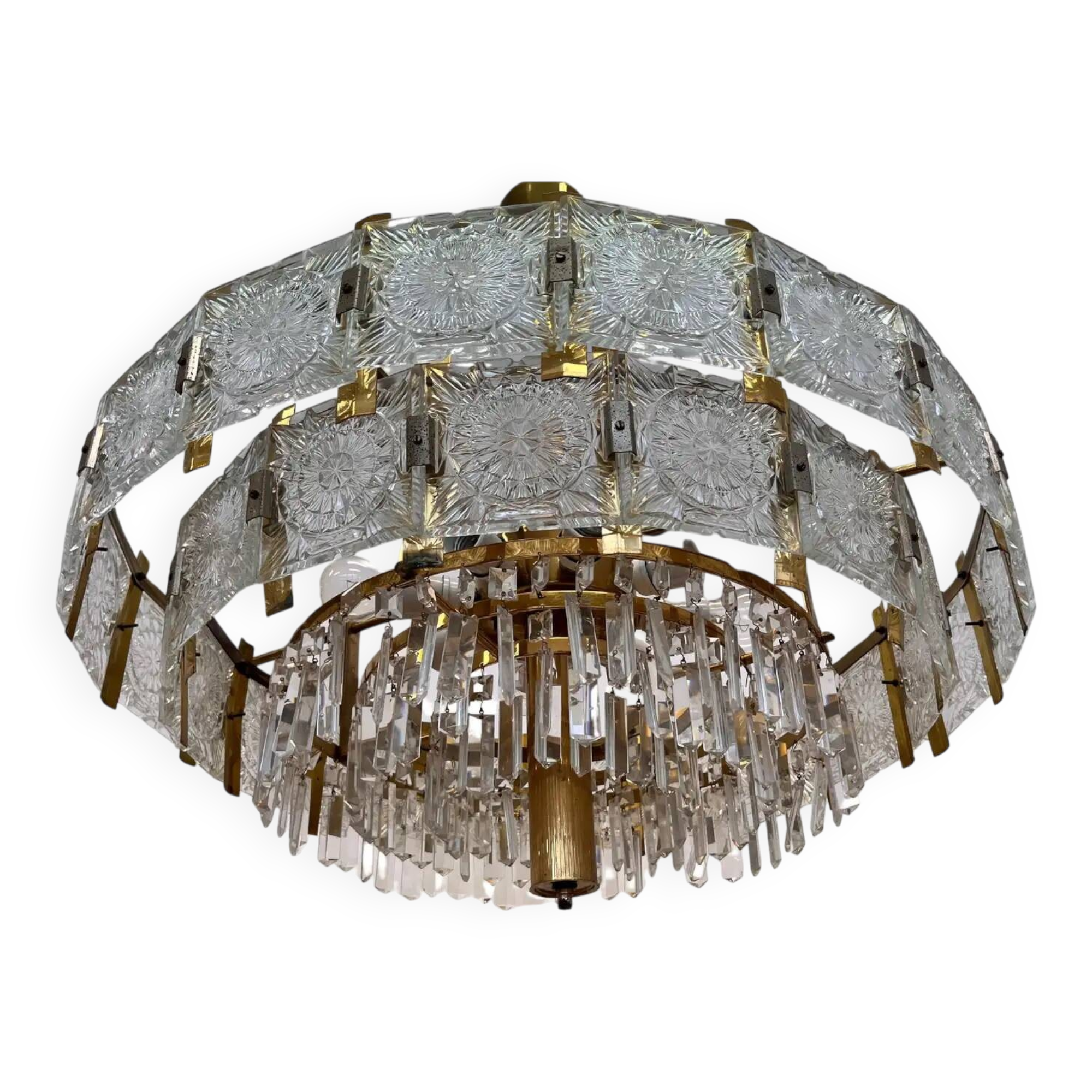 Pair of two XXL large brass and glass chandeliers by Kamenicky Senov/Preciosa, 1970s