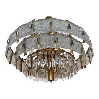 Pair of two XXL large brass and glass chandeliers by Kamenicky Senov/Preciosa, 1970s