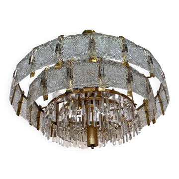 Pair of two XXL large brass and glass chandeliers by Kamenicky Senov/Preciosa, 1970s